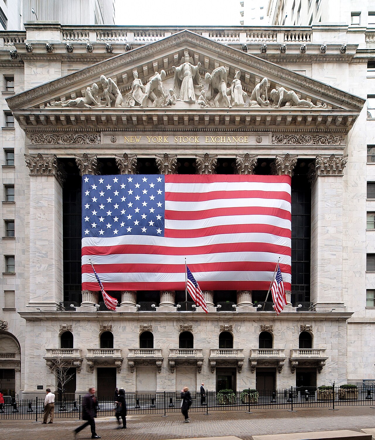 The New York Stock Exchange facade. Archival photograph, 2008; not a photograph of a current trading halt.