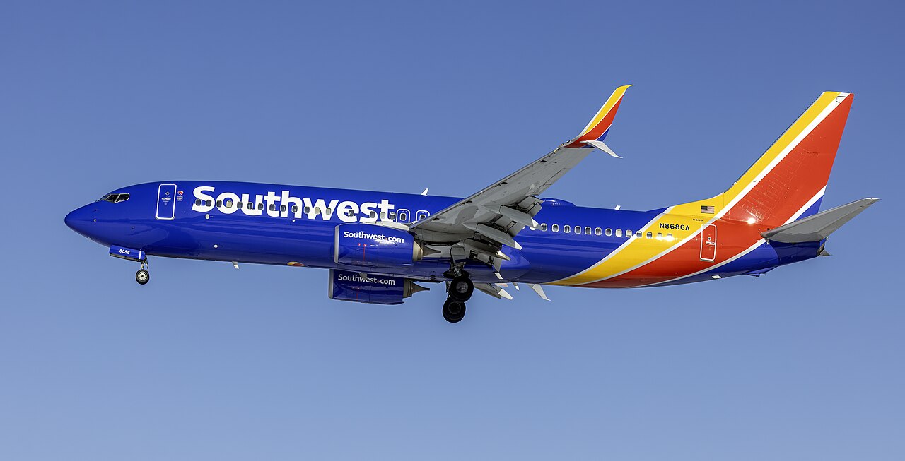 A Southwest Boeing 737-800 landing at Baltimore-Washington, February 2026. Fleet photograph; Starlink equipment on this aircraft is not verified.