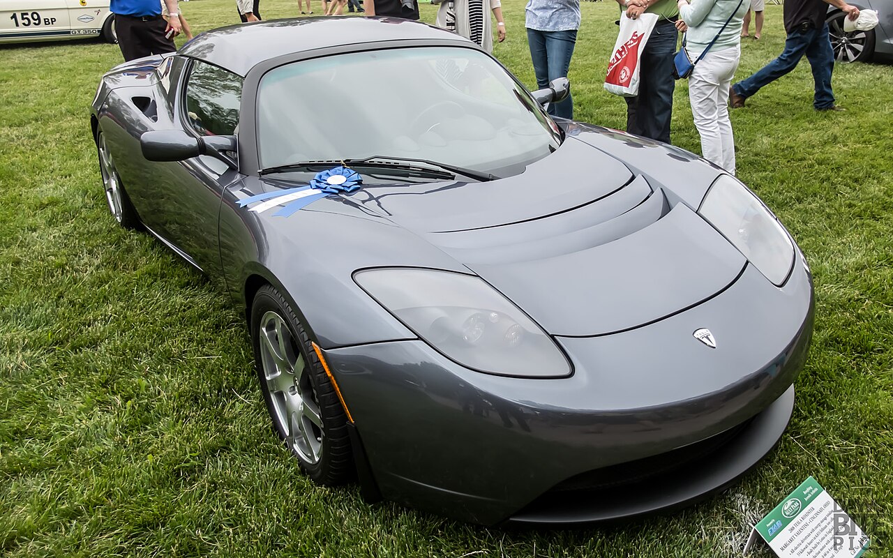 A first-generation Tesla Roadster photographed in 2014. Archive image; not the vehicle in the 2026 demonstration.